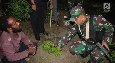 Danyonif Raider 756 Mayor Inf Arif Budi Situmeang menunjukkan pelaku pengedar ganja  Apianus Logo dan barang bukti di jalan lintas Wamena-Karubaga-Puncak Jaya di Kampung Kurulu, Papua, Jumat (3/8). (Liputan6.com/HO/Dispenad)