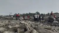 Tim penyelamat dan warga membawa kantong jenazah berisi jenazah korban letusan Gunung Semeru, di Desa Candi Puro, Lumajang, Jawa Timur, Selasa (7/12/2021). (AP Photo/Rokhmad)