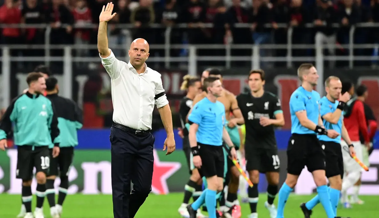 Unggul 3-1 atas AC Milan membuat tim asuhan pelatih Arne Slot ini berhasil mengawali kiprah di League Phase Liga Champions 2024/2025 dengan meyakinkan. (PIERO CRUCIATTI/AFP)