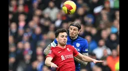 Pasukan Jurgen Klopp baru bisa memecah kebuntuan pada babak kedua, tepatnya pada menit ke-53. Diogo Jota berhasil mengkonversi umpan tendangan bebas yang dilesatkan oleh Trent Alexander-Arnold lewat tandukannya. (AFP/Paul Ellis)