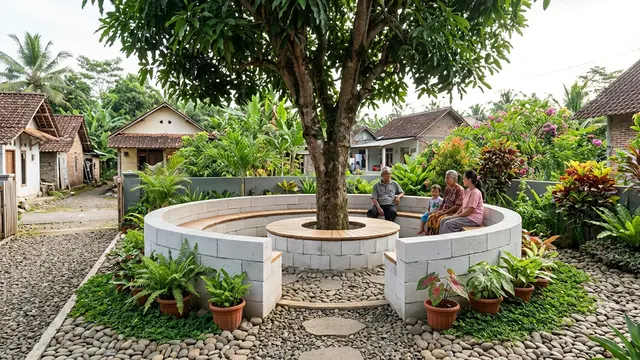 Bangku dari Bata Ringan yang Menyatu dengan Taman dengan Konsep Outdoor Living Modern Model Mengelilingi Pohon