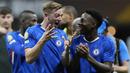 Pemain Chelsea, Liam Delap merayakan kemenangan bersama rekannya setelah laga Grup D Piala Dunia Antarklub 2025 melawan LAFC di Mercedes Benz Stadium, Atlanta, Amerika Serikat, Selasa (17/06/2025) WIB. (AP Photo/Brynn Anderson)