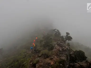 Pendaki melintasi hutan belantara yang tertutup kabut saat mendaki Gunung Sumbing via jalur Bowongso, Wonosobo, Jawa Tengah (3/4). Gunung berketinggian 3.371 mdpl tersebut menjadi salah satu gunung favorit bagi para pendak. (merdeka.com/Iqbal S. Nugroho)