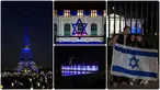 Foto kombinasi menunjukkan Menara Eiffel di Prancis, Istana Westminster di Inggris, Istana Parlemen Rumania, dan Gedung Putih di Amerika Serikat dihiasi dengan cahaya berwarna bendera Israel untuk menunjukkan dukungan mereka terhadap Israel yang sedang berkonflik dengan Palestina. (AP Photo/Michel Euler/(Lucy North/Vadim Ghirda/Jon Elswick0