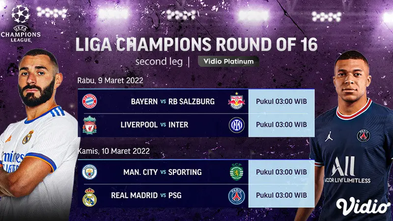 Live Streaming Liga Champions 2022 :  Bayern vs Salzburg,  Liverpool vs Inter Milan,  Real Madrid vs PSG di Vidio