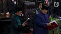 Usai dilantik, Prabowo Subianto juga menyampaikan pidato pertamanya sebagai Presiden RI ke-8. (Liputan6.com/Herman Zakharia)