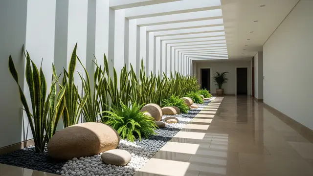 Lorong Tropis Modern dengan Skylight dan Taman Kering
