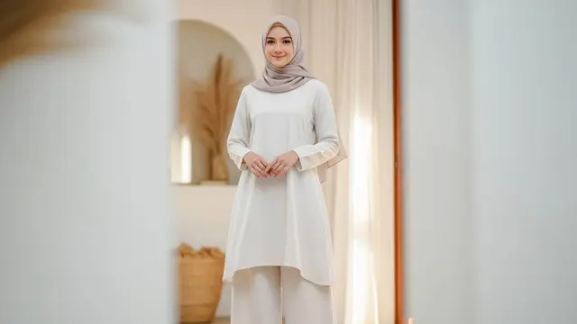 Model Set Tunik Polos dengan Celana Kulot untuk Baju Lebaran Simpel