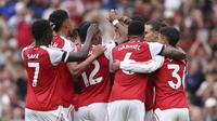 Selebrasi Jurrien Timber dkk. dalam laga Arsenal vs Leeds United di Premier League 2025/2026, Sabtu (23/8/2025). (AP Photo/Ian Walton)