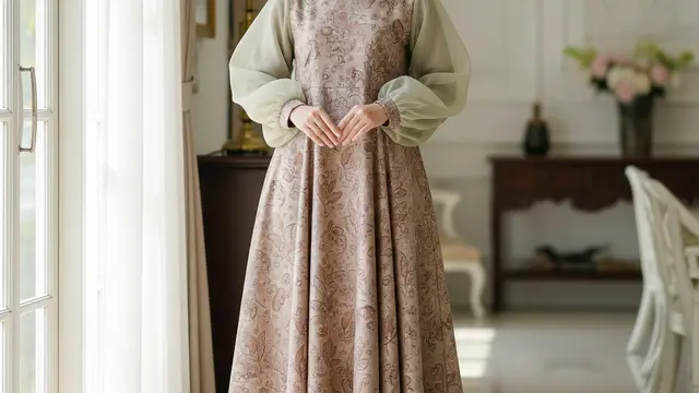 Gamis Batik Sage Organza Lengan Balon