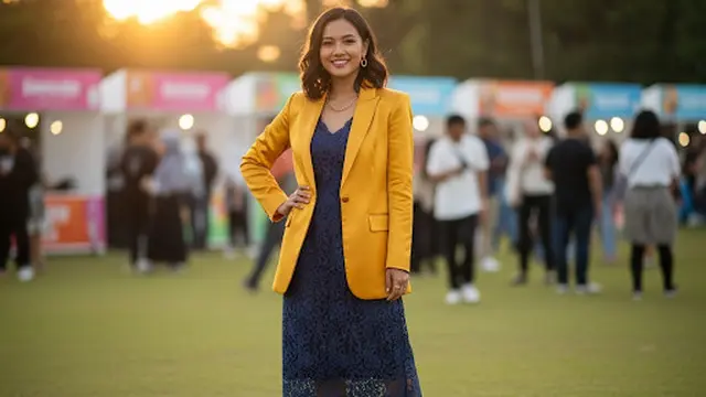 Dress Brokat Midi dan Satin Blazer Color-Blocking