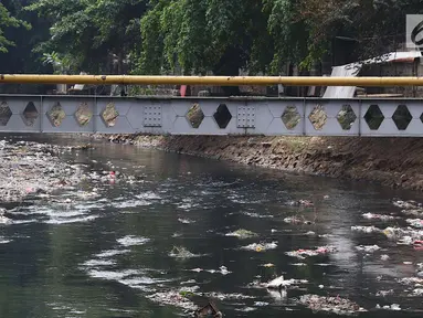 Pemandangan Kali Krukut yang dipenuhi sampah di kawasan Karet, Jakarta, Rabu (19/9). Kurangnya perhatian pihak terkait menyebabkan Kali Krukut dipenuhi sampah. (Liputan6.com/Immanuel Antonius)