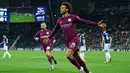 Pemain Manchester City, Leroy Sane merayakan gol kedua saat melawan West Bromwich pada aga Piala Liga Inggris di The Hawthorns, West Bromwich, (20/9/2017). City menang 2-1. (AFP/Oli Scarff)