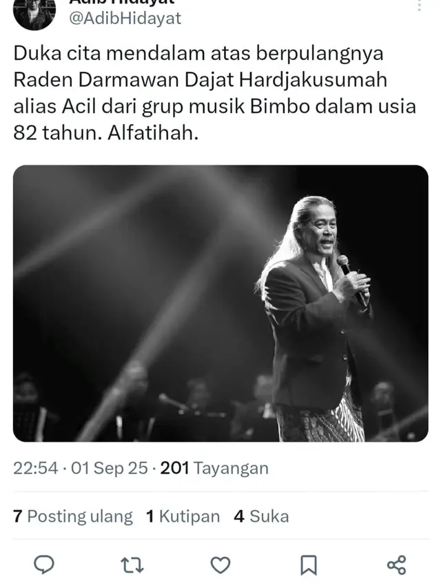 Acil Bimbo meninggal dunia. (Foto: Dok. Twitter @AdibHidayat)