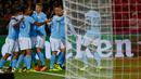 Pemain Manchester City merayakan kememangan setelah mencetak gol ke gawang Feyenoord dalam laga perdana babak penyisihan Grup F Liga Champions di De Kuip, Rabu (13/9). Manchester City menaklukkan Feyenoord 4-0. (AP Photo/Peter Dejong)