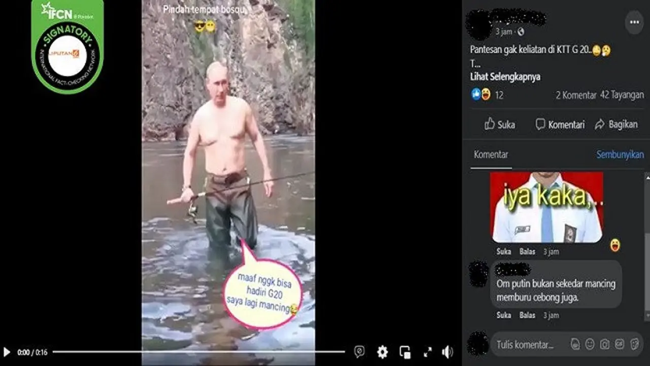 Gambar Tangkapan Layar Kabar Presiden Rusia Vladimir Putin Tak Hadir di KTT G20 karena Sibuk Mancing Ikan (sumber: Facebook).