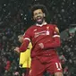 Wajah Mohamed Salah setelah mencetak quattrick ke gawang Watford di Anfield, Liverpool, (17/3/2018). Quattrick Mohamed Salah terjadi pada menit ke-4’, 43’, 77’, 85’. (Anthony Devlin/PA via AP)