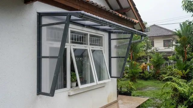 Desain kanopi di luar jendela kamar anti-tampias untuk cegah bocor di musim hujan model dengan penutup samping