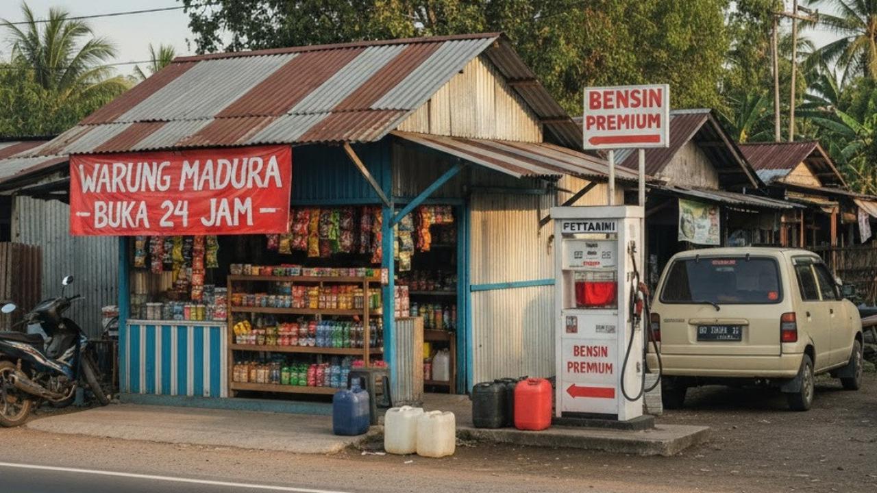 Ilustrasi Warung Madura dengan Pom Bensin Mini