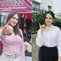 Luna Maya tampil dengan dress code bertema valentine untuk nyoblos pemilu 2024. Ia mengenakan striped long sleeve top nuansa pink-putih dan high waisted pants warna putih gading. [@lunamaya]