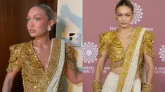 Melansir dari Hindustan Times, Gigi mengenakan pakaian khas India yang dirancang oleh Abu Jani Sandeep Khosla. Kakak kandung Bella Hadid itu tampil memukau di karpet merah NMACC dengan mengenakan sari yang memadukan warna putih gading dan emas. (Liputan6.com/IG/@gigihadid)