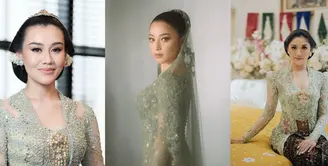 Pada momen lamarannya, Nikita Willy tampil anggun kenakan kebaya kurung berwarna hijau celadon rancangan Didiet Maulana. Kebaya berpayet ini dipadukan dengan veil warna senada dan songket padang. [@svarna_byikatindonesia].