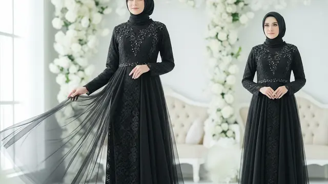 Gamis Brokat Hitam Kombinasi Tulle