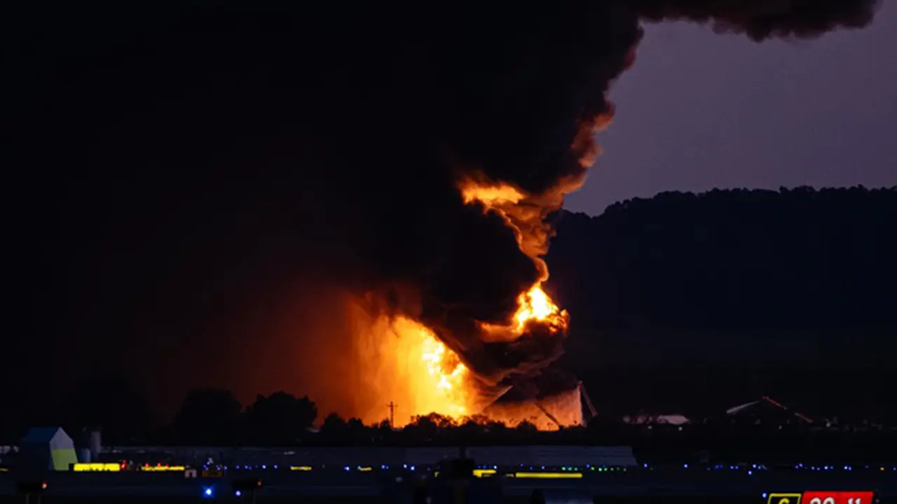 Penampakan kebakaran di dekat area bandara setelah adanya laporan tentang kecelakaan pesawat di Bandara Internasional Louisville, pada hari Selasa (4/11/2025), di Louisville, Kentucky.
