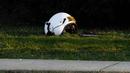 Sebuah helm tergeletak di tanah dekat lokasi helikopter medis yang jatuh di dekat Gereja Drexel Hill United Methodist Church di Drexel Hill, Philadelphia, Pennsylvania, AS (11/1/2022). Helikopter medis yang akan menuju keluar negara AS terjatuh di dekat gereja. (AP Photo/Matt Rourke)