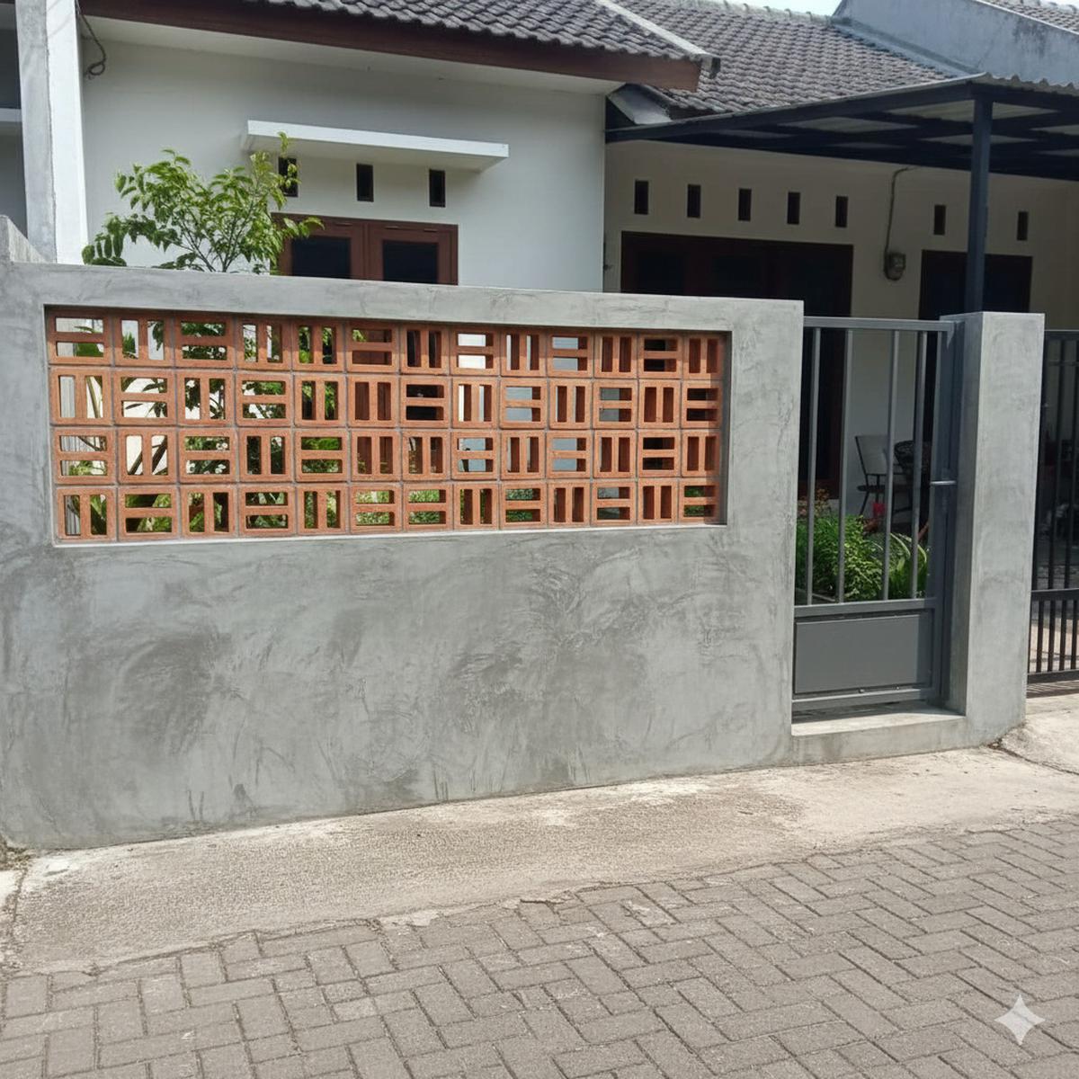 Pagar Tembok Kombinasi Roster Geometris dan Plester Ekspos Minimalis