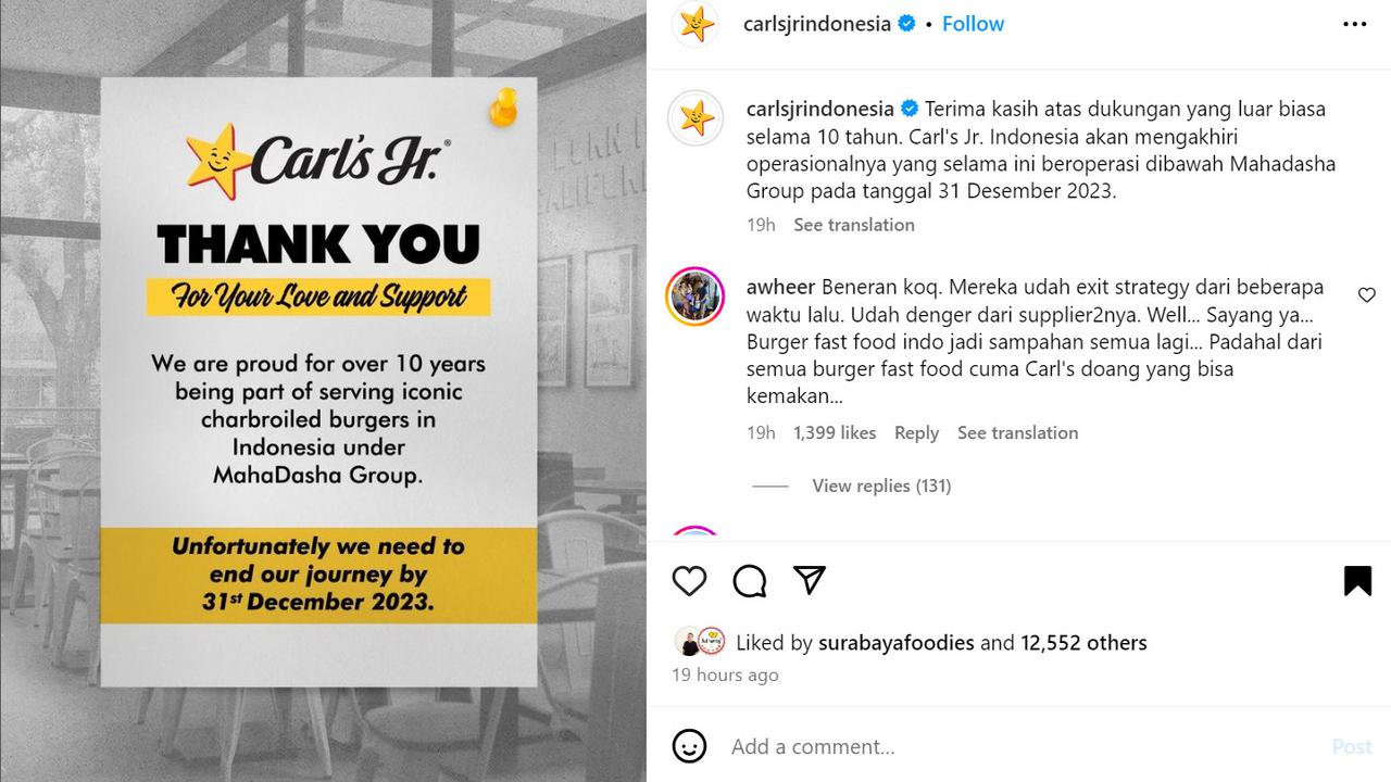 Restoran cepat saji Carl’s Jr. di Indonesia tutup usai 10 tahun beroperasi di Indonesia (Foto: Instagram@carlsjrindonesia)