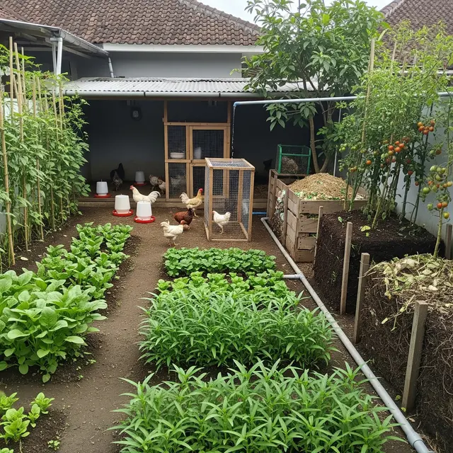 Siklus Pangan Mandiri dari Sayur, Ternak, dan Kompos di Halaman Rumah (AI)