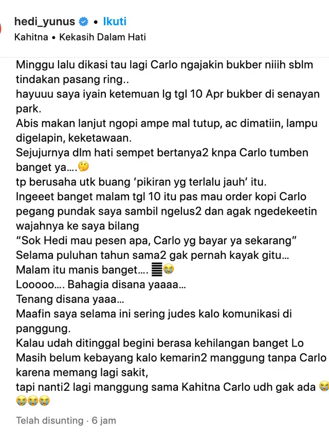 Cuitan Hedi Yunus soal mendiang Carlo Saba. (Foto: Instagram @hedi_yunus)