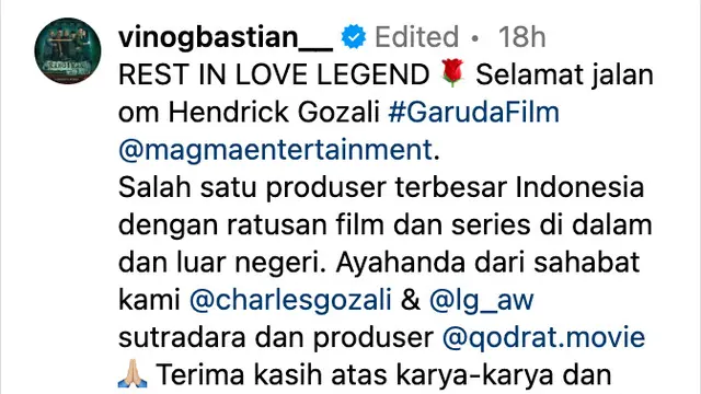 Unggahan Vino G. Bastian. (Foto: Dok. Instagram @vinogbastian__)