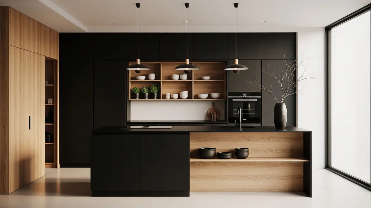 Dapur Minimalis Hitam dengan Sentuhan Kayu (Gemini AI)