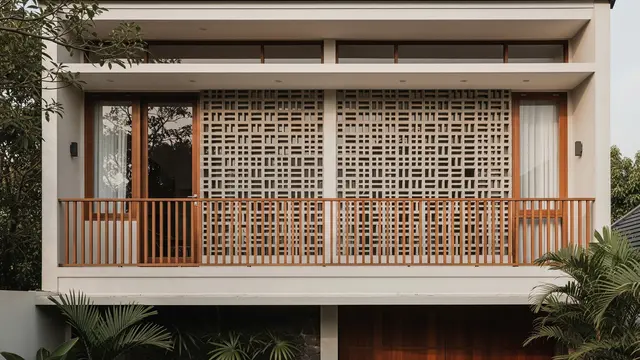 Kombinasi Roster dan Kayu untuk Fasad Rumah Minimalis (AI)