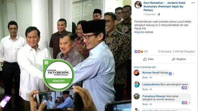 [Cek Fakta] Beredar Kabar JK Selingkuh ke Prabowo-Sandi 