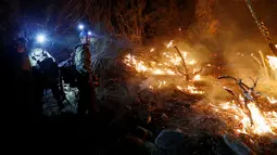 Sejumlah petugas pemadam kebakaran membangun jalur api saat kebakaran hutan di California, Amerika Serikat, (17/08). Pemerintah setempat sudah memberikan status keadaan darurat dan mengevakuasi lebih dari 82.000 warga. (REUTERS/Patrick T Fallon)