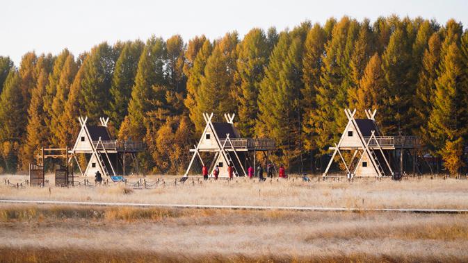 Sejumlah wisatawan mengunjungi Taman Hutan Nasional Saihanba di Chengde, Provinsi Hebei, China utara, pada 27 September 2020. (Xinhua/Liu Mancang)