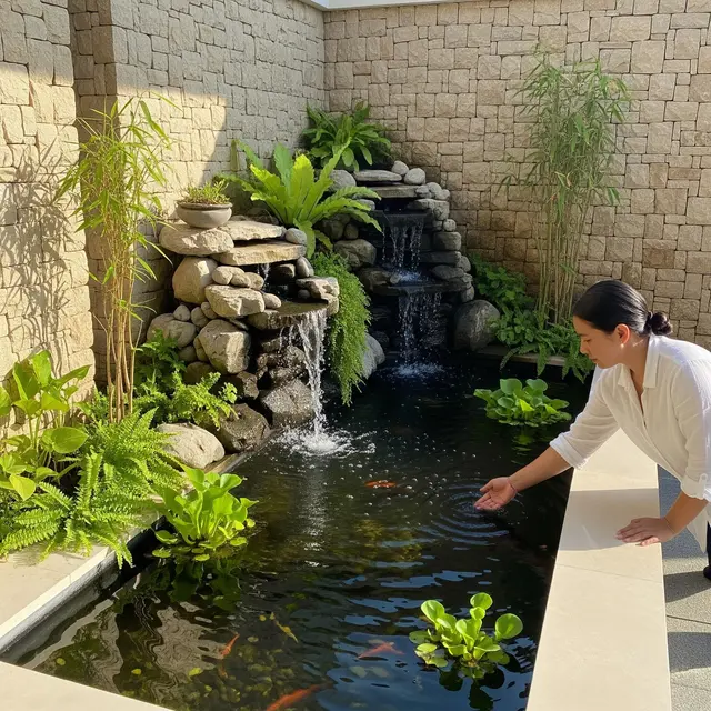 Model Kolam Ikan Mini Air Terjun di Teras Rumah