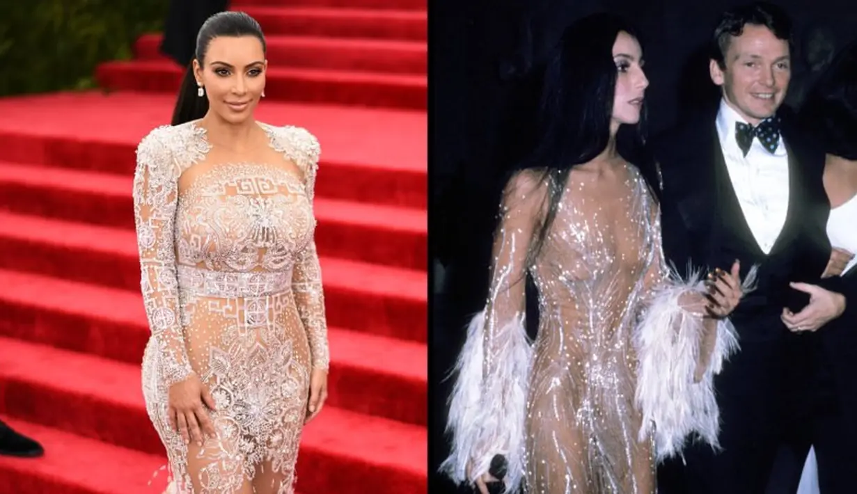 Di Met Gala 2015, gaun Kim Kardashian pun terinspirasi dari Cher. (Getty Images/USWeekly)