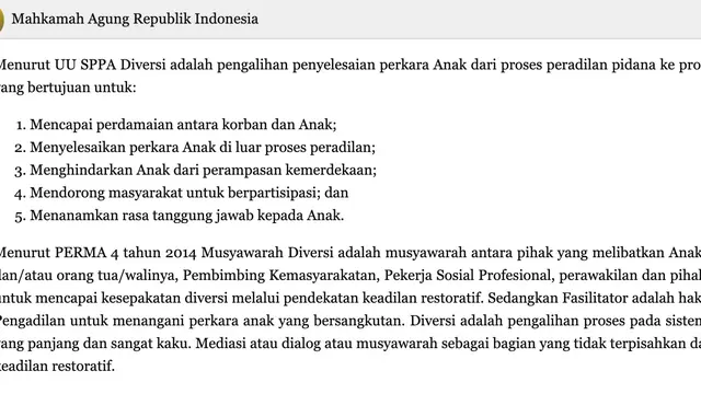 Penjelasan diversi dari situs resmi Mahkamah Agung RI. (Foto: Dok. situs resmi https://www.mahkamahagung.go.id/)