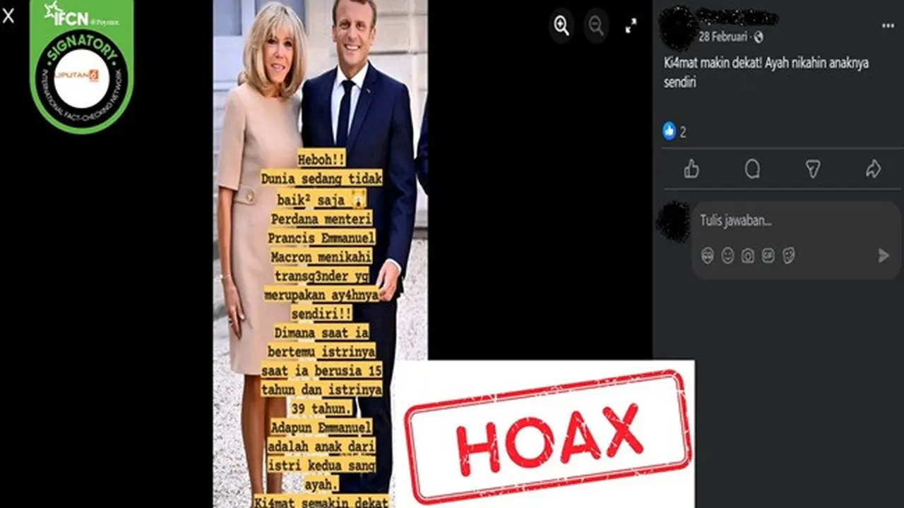 Gambar tangkapan layar kabar tentang Presiden Prancis Emmanuel Macron menikahi ayahnya yang diklaim transgender. (sumber: Facebook)