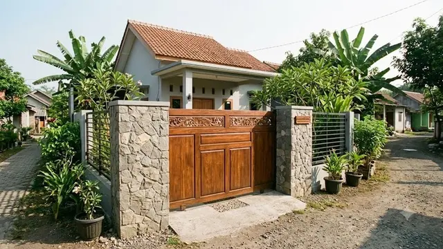 Model Gerbang Rumah Kecil di Kampung dengan Pilar Batu Alam (AI Generated)