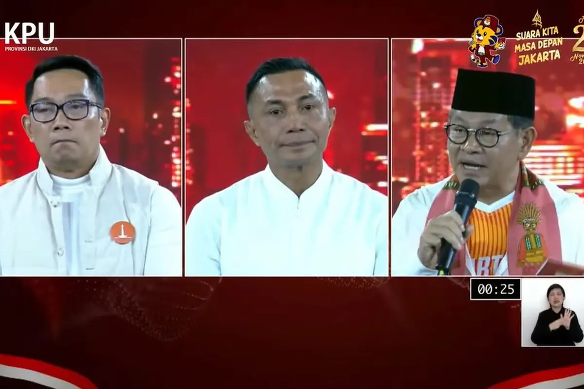 Ketiga Cagub Jakarta Ridwan Kamil, Dharma Pongrekun, dan Pramono Anung dalam debat perdana Pilkada Jakarta 2024, Minggu (6/10/2024) di JIExpo Kemayoran, Jakarta Pusat.
