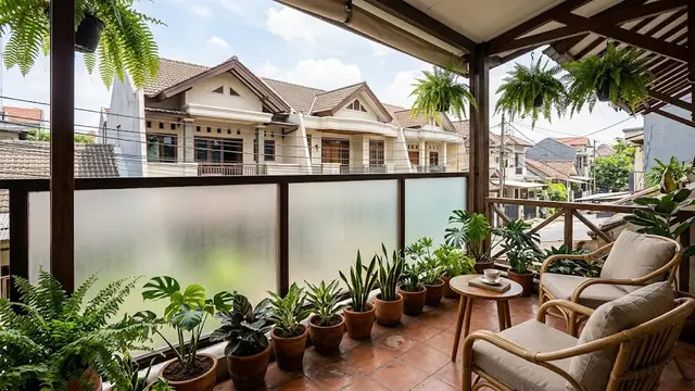 Desain balkon rumah yang berhadapan dengan tetangga namun tetap nyaman dan punya pemandangan indah model pagar berkaca buram