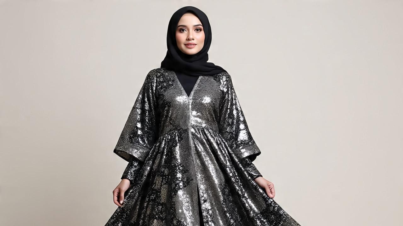 Ilustrasi Gamis Batik Kombinasi Hitam Polos dan Silver