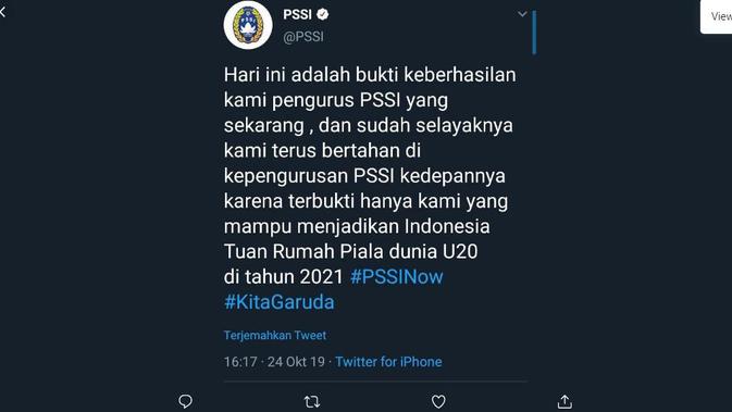 Indonesia terpilih sebagai tuan rumah Piala Dunia U-20 2021, Twitter PSSI dibajak (Twitter)