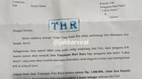 Surat permintaan&nbsp;tunjangan hari raya (THR)&nbsp;dari pengurus RW di Tambora, Jakarta Barat, sebesar Rp1 juta kepada seorang pengusaha. (Instagram)