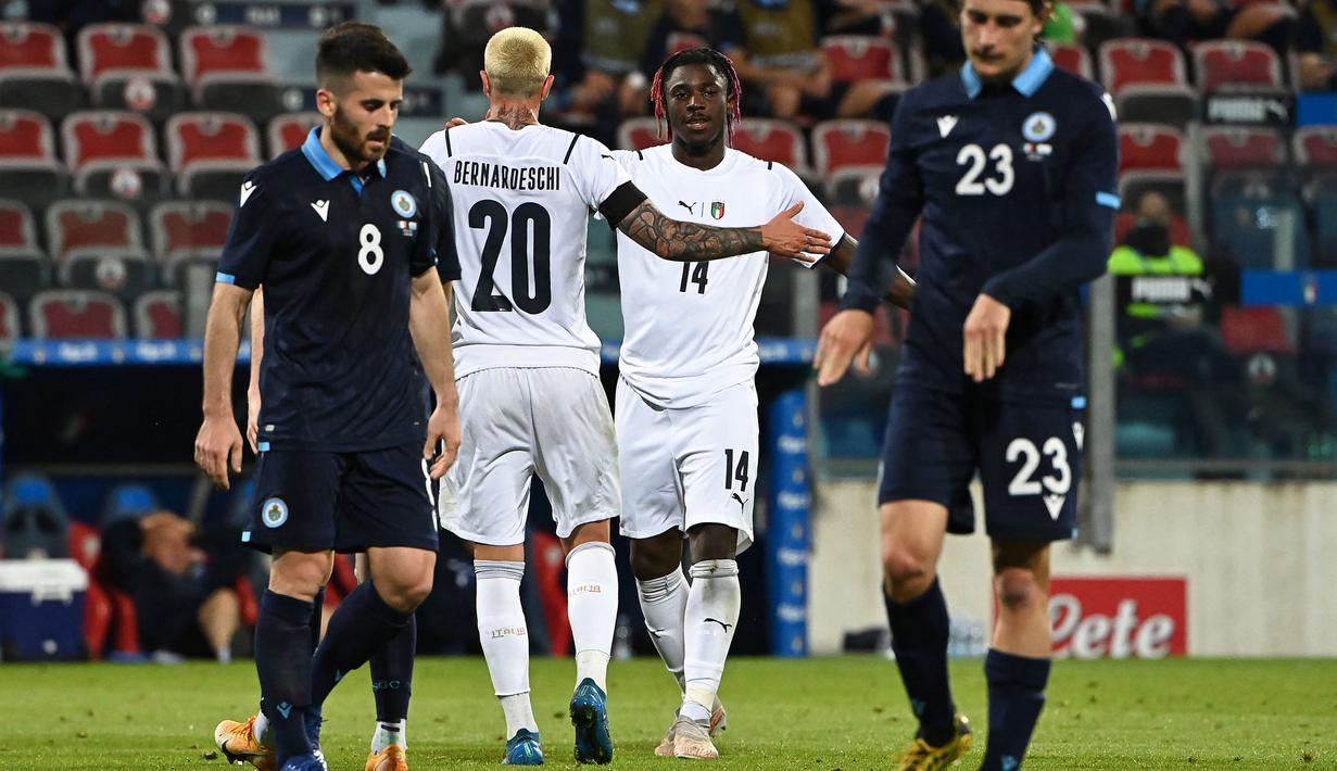 Terakhir Italia menang tujuh gol tanpa balas pada pertandingan uji coba internasionalnya yang dihelat 28 Mei 2021 lalu. Skuat Gli Azzuri padahal banyak menggunakan pemain lapis dua untuk hadapi San Marino. (Foto: AFP/Andreas Solaro)